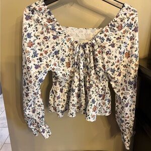 Women's Floral Tie-Front Peplum Blouse - White with Blue & Rust Floral Print